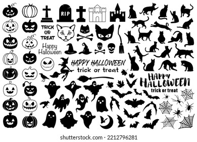 Colección navideña de siluetas negras para Halloween. Paquete de emoticones góticos como impresiones, patrones para diseño gráfico o de moda.