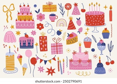 Holiday collection - cake, gift, ice cream, garland, stars, candles, flower, cherry, strawberry, candy, balloon, bow in Pink, Yellow, Red, White, Violet. Perfect for birthday greetings