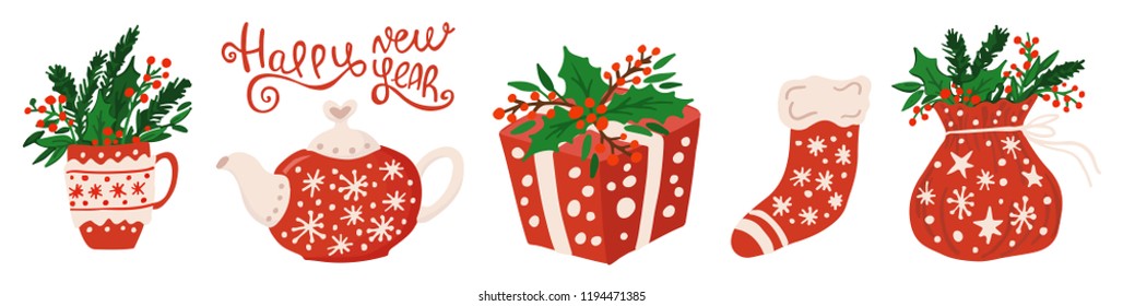 Holiday Collection - Christmas teapot and cup, gift box, sock, Santa Claus bag. Hand drawn style. Vector illustration. Lettering Happy New Year.