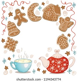 Holiday Collection. Gingerbread Christmas Cookies. Snowflake, moon, man, ball, angel, home, trees, teapot. Merry Christmas. New Year. Template for greeting card, postcard with space for text. Vector