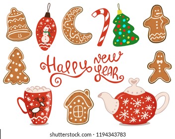 Holiday Collection. Gingerbread Christmas Cookies. Moon, man, ball, home, trees, teapot. Merry Christmas. Happy New Year. Template for greeting card, postcard with space for text. Vector illustration.