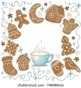 Holiday Collection. Gingerbread Christmas Cookies. Snowflake, sock, moon, ball, bird, angel, home, trees. Merry Christmas. New Year. Template for greeting card, postcard with space for text. Vector