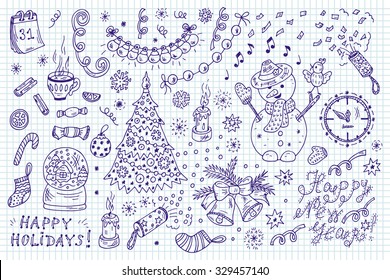 Holiday Collection. Happy New Year. Happy winter holidays. Merry Christmas. Set of New Year characters and decorations. Hand Drawn Doodles illustration