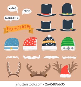 Holiday collection of santa mask reindeer illustration cute cartoon graphic decoration card design celebration vector party hats santa hat new year scrapbook icon red face nose

