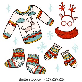 Holiday Collection. Set of christmas clothes. Christmas sweater with a deer, mittens, hat, scarf, felt boots. New Year. Merry Christmas. Template for greeting card, postcard. Vector illustration. 