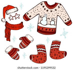 Holiday Collection. Set of christmas clothes. Christmas sweaters, mittens, hat, scarf, felt boots. New Year. Merry Christmas. Template for greeting card, postcard. Vector illustration. 