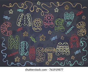 Holiday Collection. Set of Christmas cookies in the form of letters on a chalkboard. Merry Christmas. Vector illustration. Template for greeting card, postcard