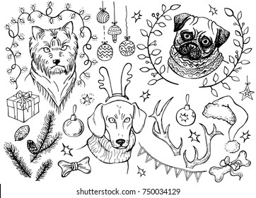 Holiday Collection. Set of Christmas. Dog, pine cone, garland, cap, balls, star, gift, antler, branch, frame. Merry Christmas. New Year. Template for greeting card, postcard, coloring book.