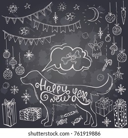 Holiday Collection. Set Of Christmas On A Chalkboard. Dog, Ball, Snowflake, Bone, Angel, Gift, Moon, Star. Happy New Year. Vector Illustration. Template For Greeting Card, Postcard