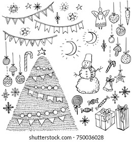 Holiday Collection. Set of christmas. Snowflakes, snowman, star, gift, trees, balls, angel, candies, moon, garland. Vector. New Year. Template for greeting card, postcard, coloring book.