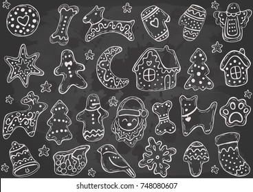 Holiday Collection. Set Of Gingerbread Christmas Cookies On A Chalkboard. Snowman, Snowflake, Bird, Sock, Moon, Ball, Star, Dog, Angel, Home, Trees. Merry Christmas. New Year. Vector Illustration.