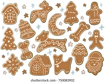 Holiday Collection. Set of gingerbread Christmas Cookies. Snowflake, sock, moon, ball, stars, angel, home, trees, dog, bone, Santa Claus. Merry Christmas. New Year. Vector illustration