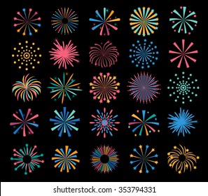 Holiday color  fireworks icons set, vector illustration