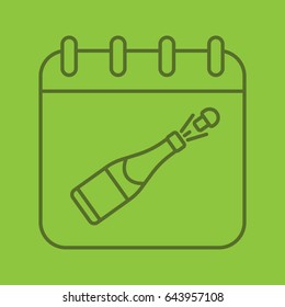 Holiday color linear icon. Party date. Calendar page with champagne bottle. Thin line outline symbols on color background. Vector illustration
