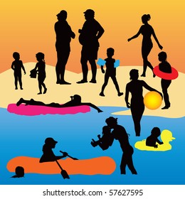 Holiday color vector illustration. Kids and parents enjoy hot weather.