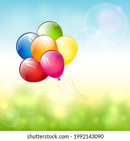 Holiday colored balloons flying on nature background. Birthday theme. Illustration can be used for holiday design, poster, card, website, banners.