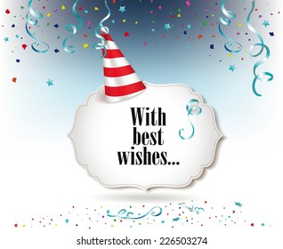 Holiday colorful background with confetti, blue ribbons and Party Hat