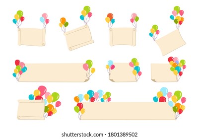Holiday colorful balloons flat set. Birthday party poster design elements, helium air balloons, inflatable. Template surprise greeting banners celebration or festival. Isolated vector illustration