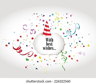 Holiday colorful banners with confetti, ribbons and Party Hat