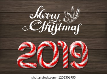Holiday colorful greeting card with candy cane number of 2019 with greeting text. Decorated wood background. Vector illustration