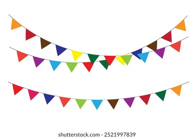 Holiday colorful Party Flags on White Background. Carnival decorations. Holiday background with hanging triangular colorful flags, Vector illustration isolated.
