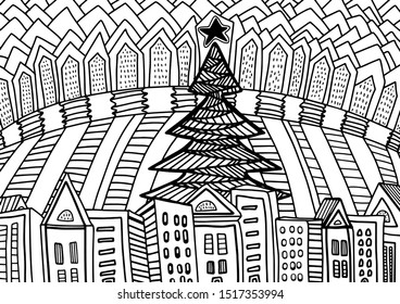 Holiday coloring book with Christmas tree and houses for kids and adult. Outline vector illustration isolated on white background. 