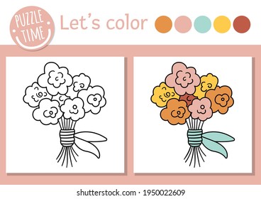 Holiday coloring page for children. Funny rose bouquet picture. Vector outline illustration with cute present. Adorable spring flower arrangement color book for kids with colored example

