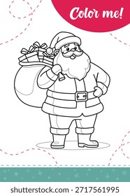 Holiday coloring page featuring a smiling Santa Claus carrying a sack of gifts over his shoulder, wearing a traditional suit, hat, and boots with a large belt buckle—a cute cartoon outline illustration for kids’ activity sheets, printable Christmas coloring book pages, and festive educational materials.