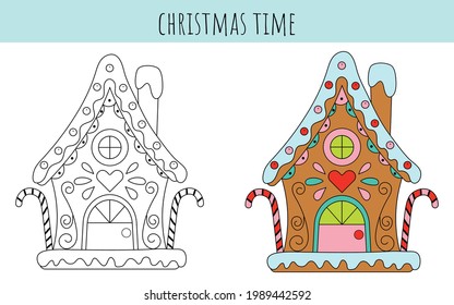 Holiday coloring page gingerbread house. Christmas coloring book for children. Festive leisure with children. Drawing game for kids. Vector illustration