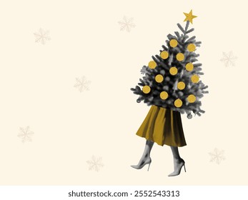 holiday is coming concept template design with Christmas tree walking female legs in high-heeled shoes snowflakes retro halbton grunge gepunktete collage elemente grußkarte kopierraum für text