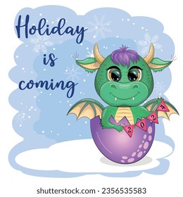 The holiday is coming. Cute cartoon green dragon in santa hat. 2024 new year, chinese calendar