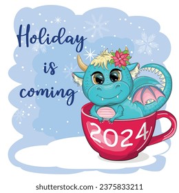 The holiday is coming. Cute cartoon green dragon in santa hat. 2024 new year, chinese calendar