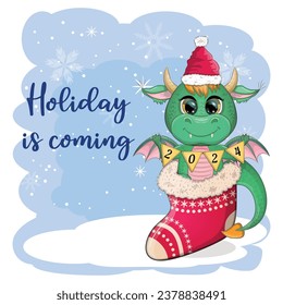 The holiday is coming. Cute cartoon green dragon in santa hat. 2024 new year, chinese calendar