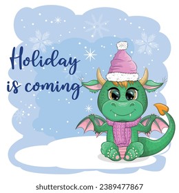 The holiday is coming. Cute cartoon green dragon in santa hat. 2024 new year, chinese calendar
