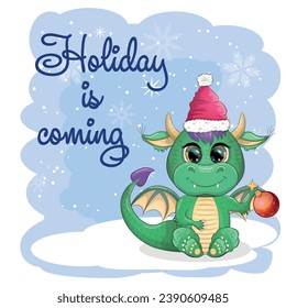 The holiday is coming. Cute cartoon green dragon in santa hat. 2024 new year, chinese calendar