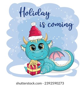 The holiday is coming. Cute cartoon green dragon in santa hat. 2024 new year, chinese calendar