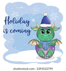 The holiday is coming. Cute cartoon green dragon in santa hat. 2024 new year, chinese calendar
