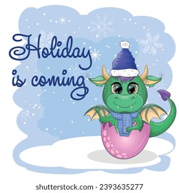 The holiday is coming. Cute cartoon green dragon in santa hat. 2024 new year, chinese calendar