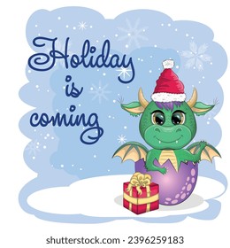 The holiday is coming. Cute cartoon green dragon in santa hat. 2024 new year, chinese calendar