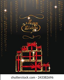 Holiday composition with abstract gold gift boxes and gold decorations
