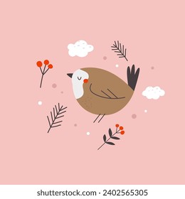 Ferienkomposition mit einem süßen Vogel und botanischen Elementen.