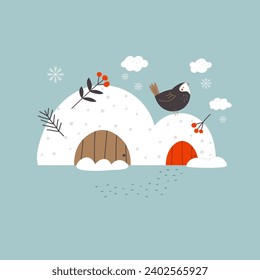 Holiday composition, greeting card with an igloo, botanical elements and cute bird.