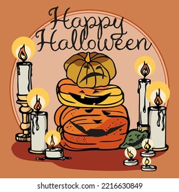 Holiday composition of separate spooky pumpkins and vintage wax candles with the inscription "Happy Halloween" on an orange background