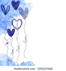 Holiday composition for Valentine's Day or wedding. Vector doodle illustration with blue watercolor elements. Perfect for  valentines, greeting cards and invitations.