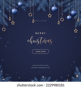 holiday concept banner composed of elements of christmas graphic sources. magical background with blue color illustration. winter season design for web page, promotion, print. vector design of eps 10.