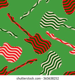 Holiday concept bass guitar silhouettes. Peppermint candy finish bass guitar seamless pattern on green background. Vector illustration