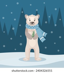 Concepto de vacaciones. Oso en el bosque. Retrato de un oso. Felices Fiestas. El concepto de saludo. Ideal para imprimir, postales o etiquetas. Tarjeta de Año Nuevo. Ilustración vectorial.