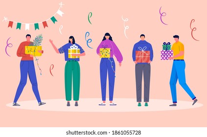Holiday concept with characters and christmas present. Young boy and girl, friends people decorate Christmas boxes. Gifts under fir tree and snowflakes, vector collection