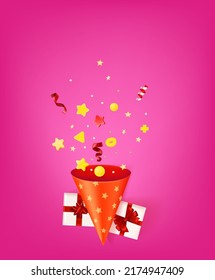 Concepto de vacaciones con confeti. Banner vectorial 3d con espacio de copia