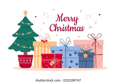 Holiday concept. Cute little Christmas tree with gifts. Vector illustration on white background.